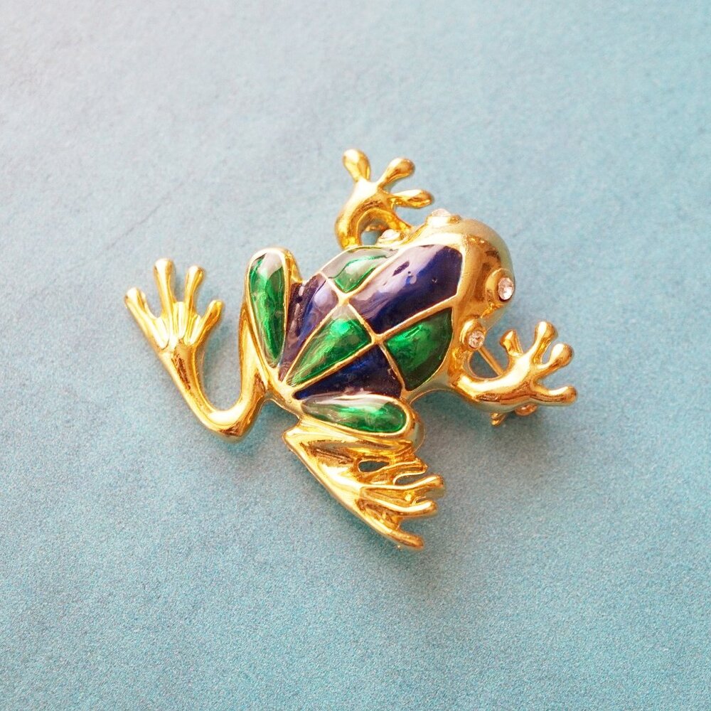 Vintage 1980s Frog Brooch – Blue & Green Enamel with Rhinestone Accents
